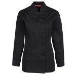 A black ladies' long-sleeve chef's jacket with a double-breasted design and a side pocket.
