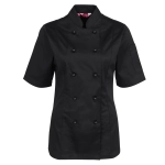 A black ladies' short-sleeve chef's jacket with double-breasted buttons and a single sleeve pocket.