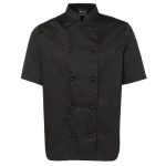A short-sleeved black chef's jacket with a double-breasted front and a standing collar. Features a logo on the sleeve.
