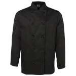 A black long-sleeve chef's jacket with a double-breasted design and a pocket on the sleeve.