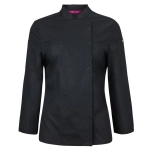 A black long-sleeve chef's jacket featuring snap buttons and a collar, designed for women. Includes a logo on the sleeve.