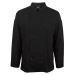 A black long-sleeve chef's jacket with snap buttons and a logo on the sleeve.