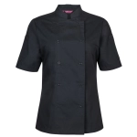 A black ladies short sleeve chefs jacket featuring snap buttons and a collar. Includes a logo on the garment.