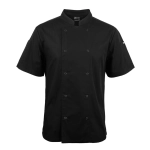 A black short-sleeve chef's jacket with a double-breasted front and a logo on the sleeve.