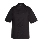 A black chef's jacket with short sleeves and a double-breasted design, featuring a logo on the arm.