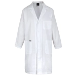 A white lab coat with long sleeves, featuring a pocket and a branded logo.