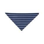 A navy blue and white striped chef's scarf with a triangular shape. It features a logo.