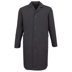 A dark grey lab coat featuring long sleeves, a front button closure, and pockets. It has a branding label.