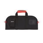 A black and red chef's knife bag featuring dual handles and a small pocket, with a logo on the side.