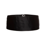 A black cummerbund with pleated design, featuring a fastening clip at the back. It has a smooth fabric texture.