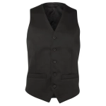 A black sleeveless vest with a v-neck, featuring buttons and front pockets, and a logo on the interior.