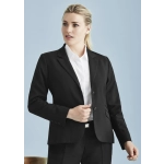A black mid-length women's blazer with a two-button front and a sleek, tailored design.