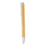 A bamboo ballpoint pen with silver accents and a sleek design. The pen features a logo on its barrel.
