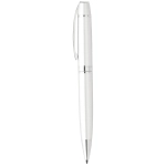 A sleek white metal pencil with silver accents and a clip, featuring a logo on the body.