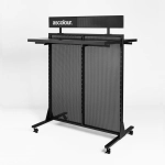 A black mesh display stand with wheels and a branded header, designed for exhibitions and events.