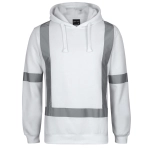 A white fleece hoodie featuring reflective tape details and a front pocket, with a logo on the label.