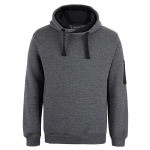 A grey work hoodie featuring a front pocket and a hood. It includes a sleeve with a logo or branding.
