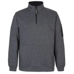A grey 1/2 zip fleece jumper featuring a high collar and a side pocket, with a logo on the sleeve.