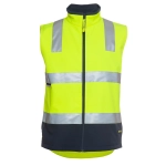 High-visibility softshell vest in bright yellow with reflective silver stripes and a navy blue base. Features a zipper and logo.