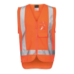 An orange work vest featuring silver reflective stripes and a front pocket, designed for visibility and safety.