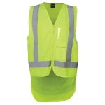 A high-visibility lime work vest featuring reflective stripes and a front pocket, with a zip closure.