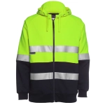 A high-visibility hoodie in fluorescent yellow and black, featuring reflective stripes and a hood, with a logo.