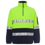 A bright yellow and navy polar fleece workwear jumper with reflective strips and a zip collar. Features a logo.