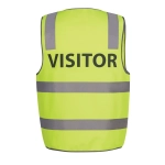 A bright lime safety vest with grey reflective strips and a prominent "VISITOR" label. Features a logo.
