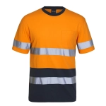 An orange and navy work t-shirt featuring reflective stripes and a pocket. It has a logo on the label.