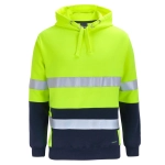 A high-visibility hoodie in bright yellow and navy, featuring reflective strips and a drawstring hood.