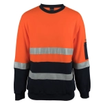 An orange and navy fleece crew neck jumper with reflective stripes and a logo on the sleeve.