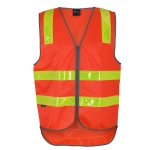 An orange safety vest with reflective yellow strips and a front zipper, featuring a logo.