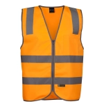 An orange safety vest featuring grey reflective stripes and a zip closure, with a front pocket and branding.