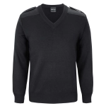 A black knitted jumper featuring a V-neck and epaulettes on the shoulders. It includes a logo on the label.