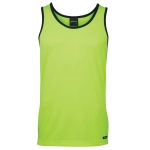 A bright lime green singlet with contrasting black trim and a label, designed for workwear.