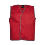 A red sports vest featuring grey trims and a logo on the label. Designed for active use in sporting activities.