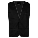 A black tricot vest with a simple design, featuring pockets and contrasting trim, branded with a logo.