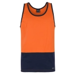 An orange and navy work singlet featuring a logo. Ideal for warm weather and active environments.