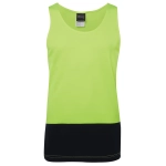 A high-visibility singlet in bright lime green with a black bottom section, featuring a logo.