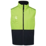 A high-visibility work vest in bright lime green and navy, featuring a zippered front and a small pocket.