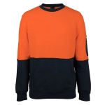 A cotton crew neck fleece jumper in orange and navy blue, featuring a pocket on the sleeve and a logo.