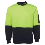 A high-vis fleece crew jumper in bright green and black, featuring a logo on the sleeve.