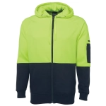 A high visibility fleece hoodie in bright lime green and navy, featuring a zip and a pocket on the sleeve, with branding.