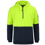 A vibrant yellow and navy hoodie with a half-zip design and a hood, featuring a logo on one sleeve.