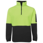 A polar fleece pullover featuring a high-visibility lime green upper and black lower section, with a zip collar and logo.