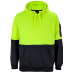 A high-visibility hoodie in bright yellow and black, featuring a front pocket and a branding logo.