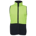 A bright lime green and black fleece vest featuring a high collar and zip panel. Includes logo branding.