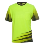 A short-sleeved work tee in bright yellow with a pocket and dark green accents. Features logo branding.