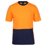 A crew neck cotton T-shirt featuring orange and navy blue colours, with a pocket on the front and a logo.