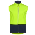 A lime and navy three-layer softshell vest with a zip front and a logo on it.